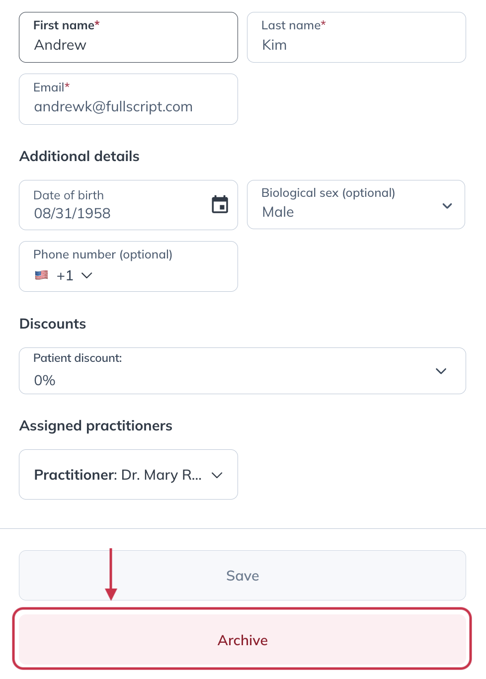 The Edit patient drawer with the Archive button highlighted.